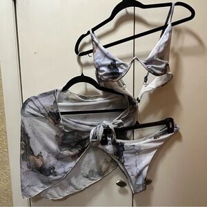 SHEIN Blue Marble Bikini Set with Underwire Top, Bottoms, & Sarong